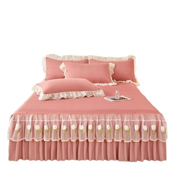 Frančes stila gultas svārku komplekts ar gultas pārklāju, mazgāts kokvilnas materiāls, izšuvums, vienkrāsains, trīs daļu komplekts, viegls grezums