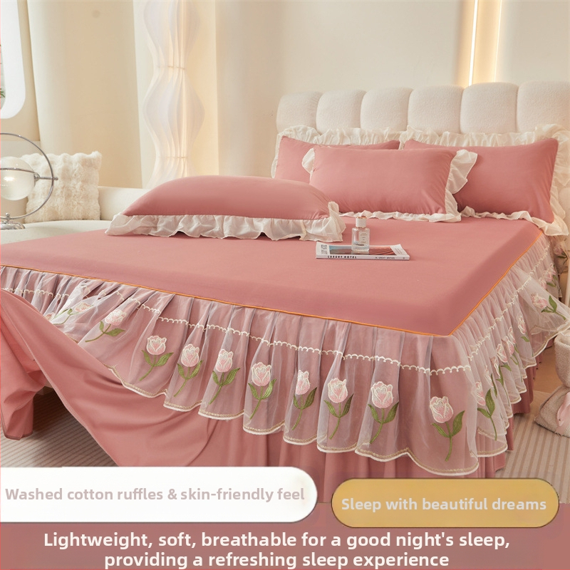 Frančes stila gultas svārku komplekts ar gultas pārklāju, mazgāts kokvilnas materiāls, izšuvums, vienkrāsains, trīs daļu komplekts, viegls grezums