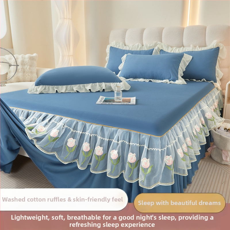 Frančes stila gultas svārku komplekts ar gultas pārklāju, mazgāts kokvilnas materiāls, izšuvums, vienkrāsains, trīs daļu komplekts, viegls grezums