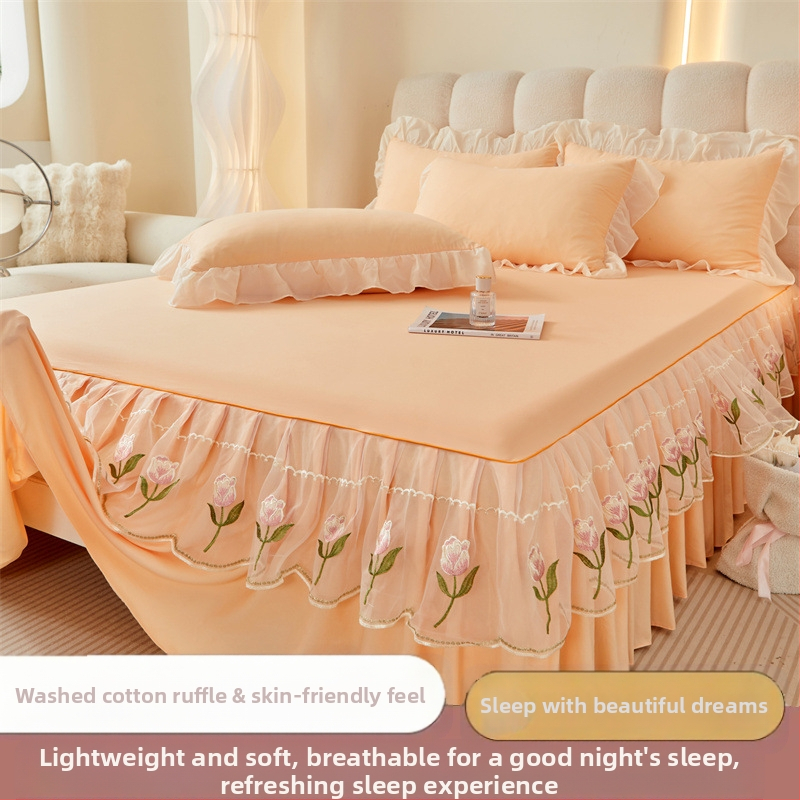 Frančes stila gultas svārku komplekts ar gultas pārklāju, mazgāts kokvilnas materiāls, izšuvums, vienkrāsains, trīs daļu komplekts, viegls grezums