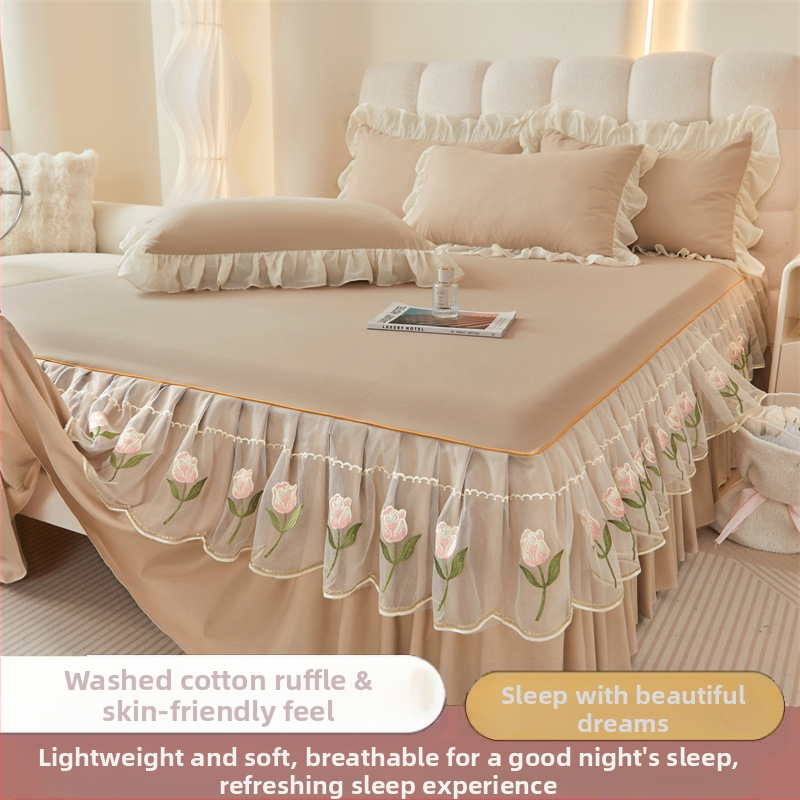 Frančes stila gultas svārku komplekts ar gultas pārklāju, mazgāts kokvilnas materiāls, izšuvums, vienkrāsains, trīs daļu komplekts, viegls grezums