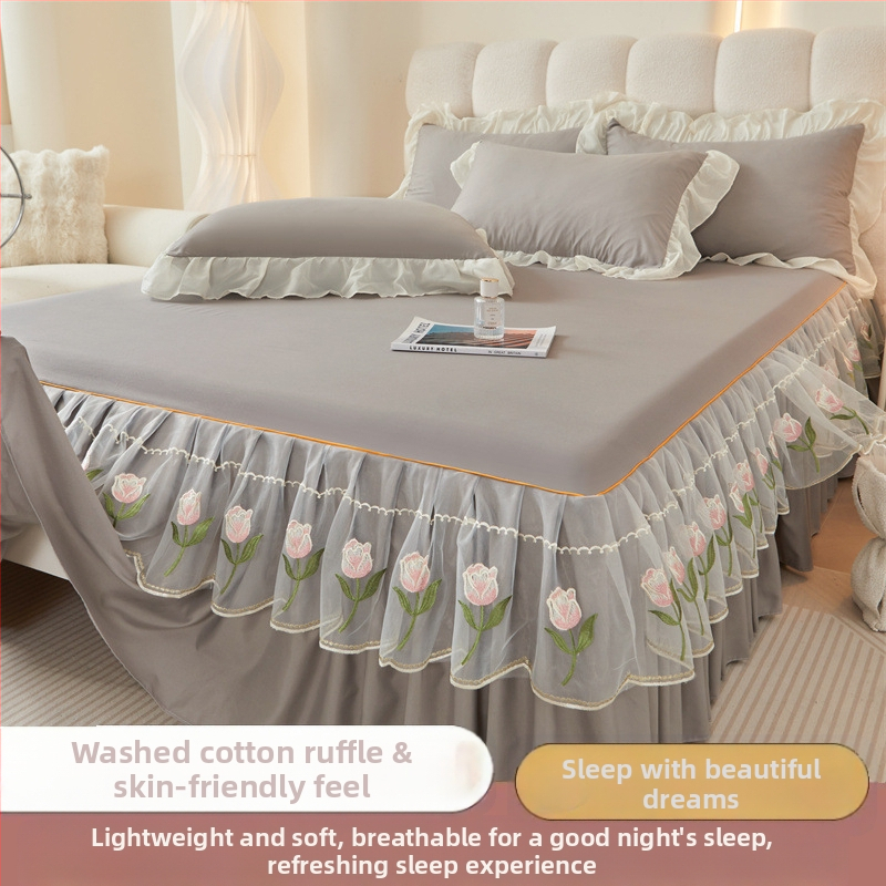 Frančes stila gultas svārku komplekts ar gultas pārklāju, mazgāts kokvilnas materiāls, izšuvums, vienkrāsains, trīs daļu komplekts, viegls grezums