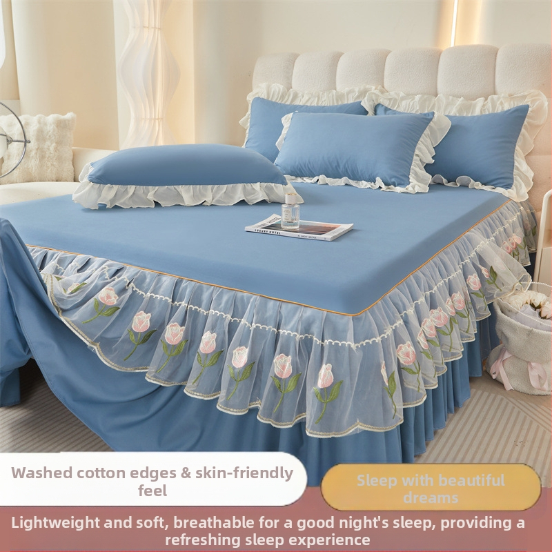 Frančes stila gultas svārku komplekts ar gultas pārklāju, mazgāts kokvilnas materiāls, izšuvums, vienkrāsains, trīs daļu komplekts, viegls grezums