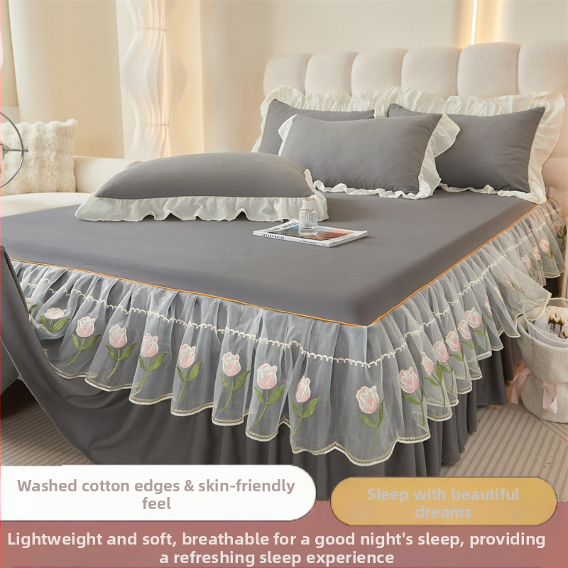 Frančes stila gultas svārku komplekts ar gultas pārklāju, mazgāts kokvilnas materiāls, izšuvums, vienkrāsains, trīs daļu komplekts, viegls grezums