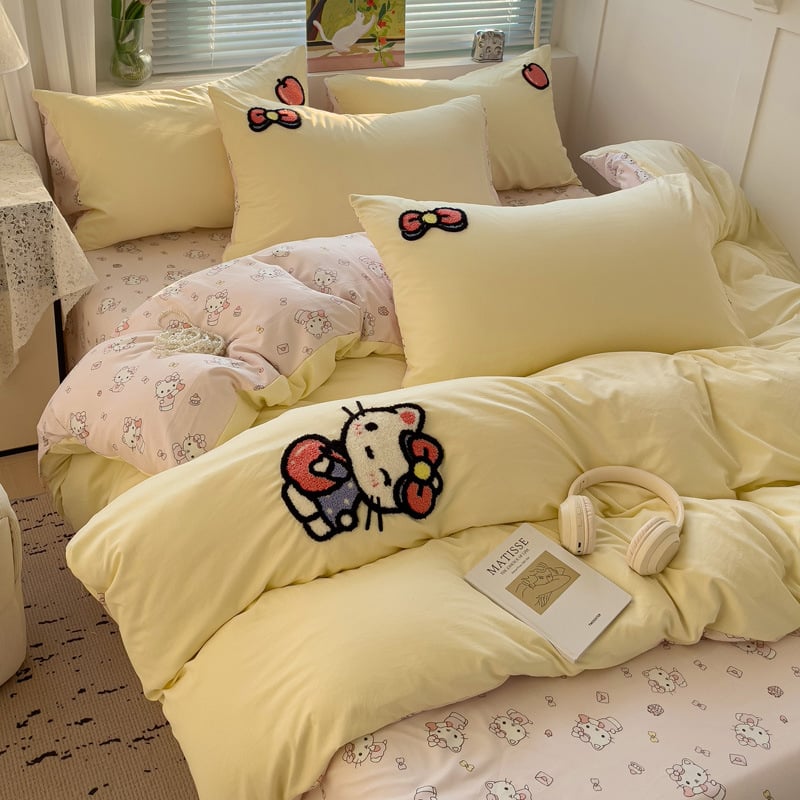 Četrdaļīgs gultas veļas komplekts ar karikatūru izšuvumu, segas pārklājs un palags, sintētiska šķiedra, Twill audums, svars 1000–1500 g