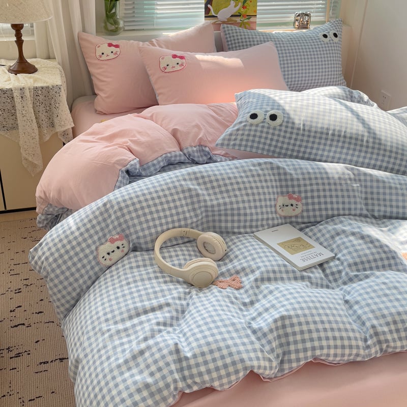 Četrdaļīgs gultas veļas komplekts ar karikatūru izšuvumu, segas pārklājs un palags, sintētiska šķiedra, Twill audums, svars 1000–1500 g