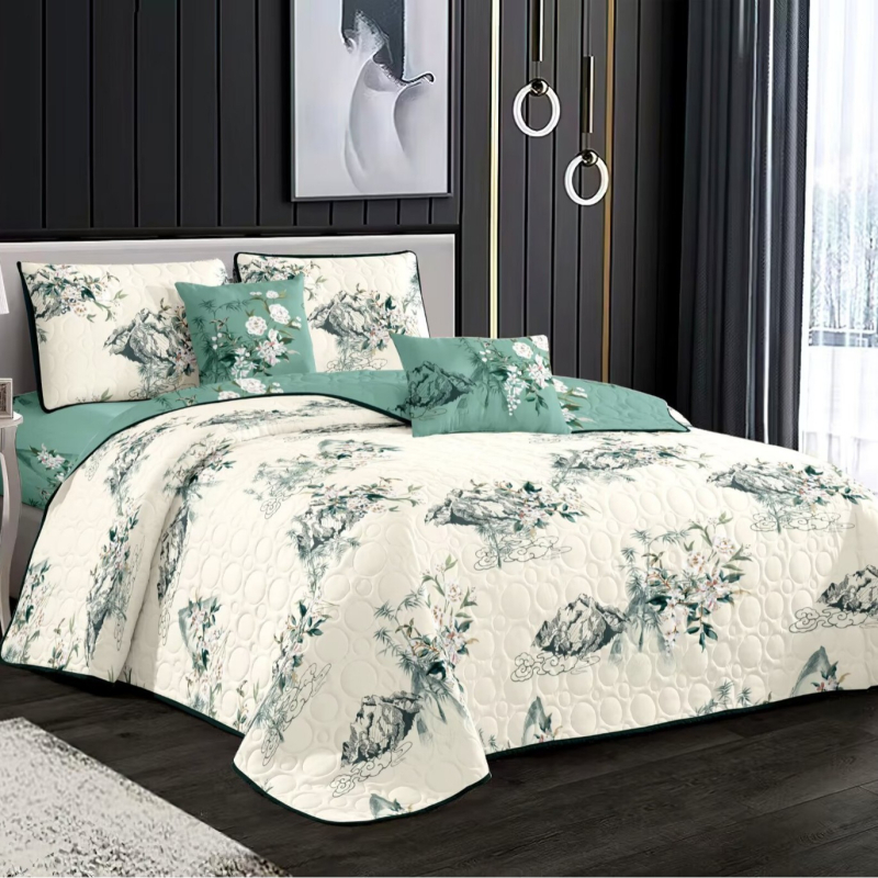 Triju dažu gultas pārklājs komplekts ar quiltētu ģeometrisko rakstu, elpojošs, mazgājams veļas mašīnā, piemērots 1,8 m gultai