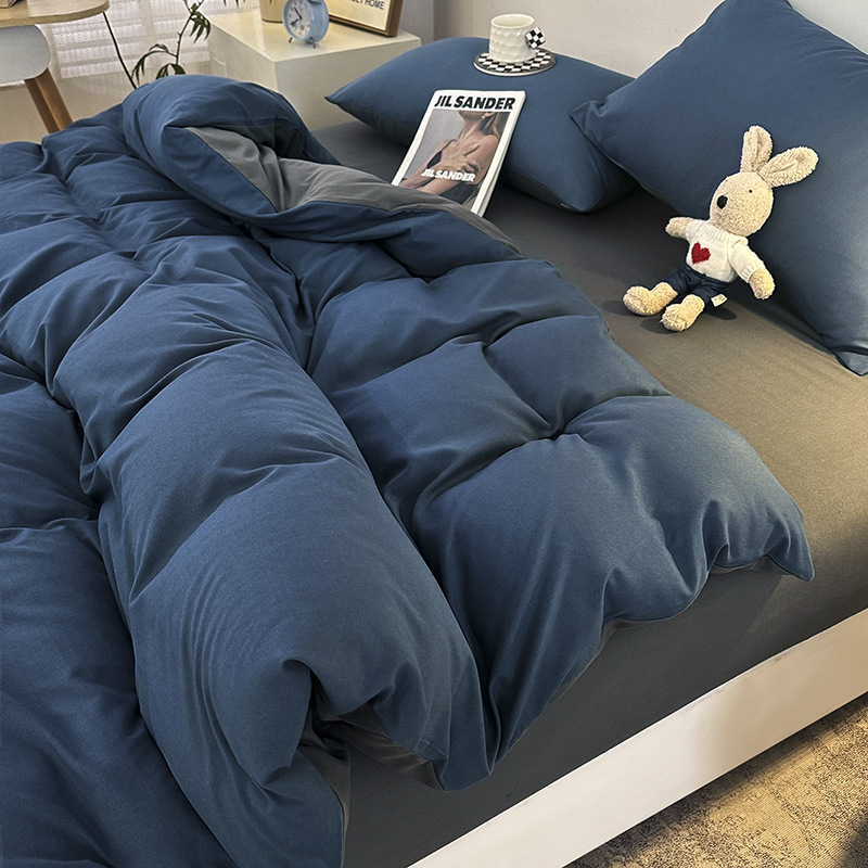 Kokvilnas četrdaļīgs gultas veļas komplekts studentu nometnei — reaktīvā drukāšana, pūstā audums, svars 2500–3000 g, vienkrāsains raksts