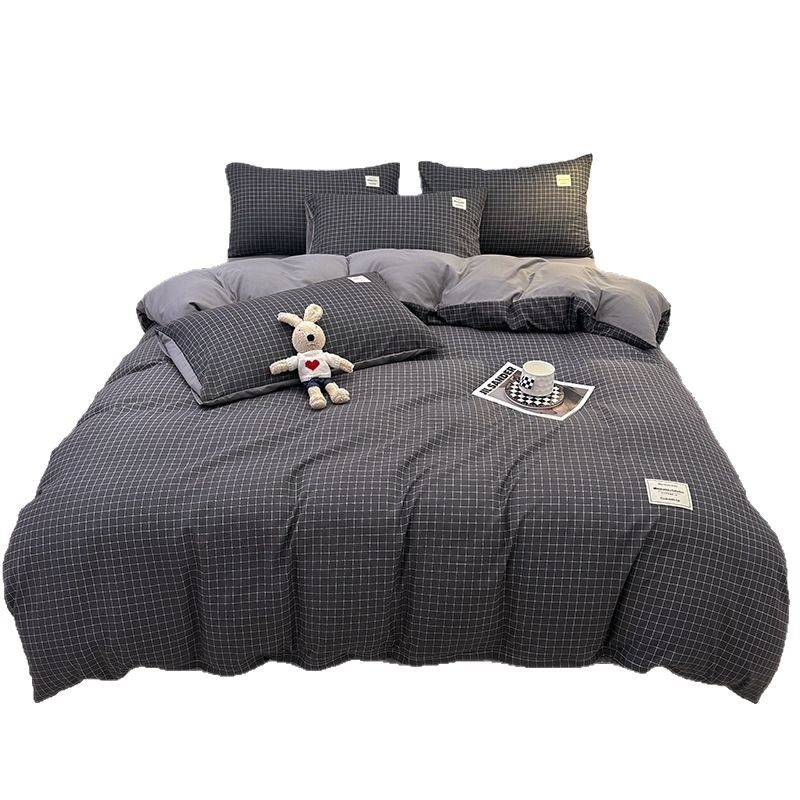 Kokvilnas četrdaļīgs gultas veļas komplekts studentu nometnei — reaktīvā drukāšana, pūstā audums, svars 2500–3000 g, vienkrāsains raksts