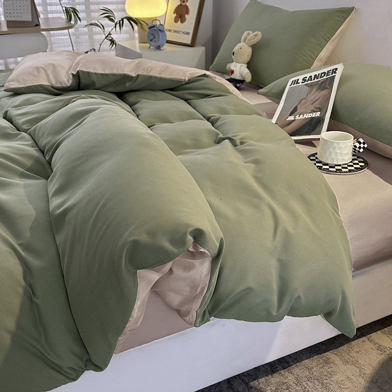 Kokvilnas četrdaļīgs gultas veļas komplekts studentu nometnei — reaktīvā drukāšana, pūstā audums, svars 2500–3000 g, vienkrāsains raksts