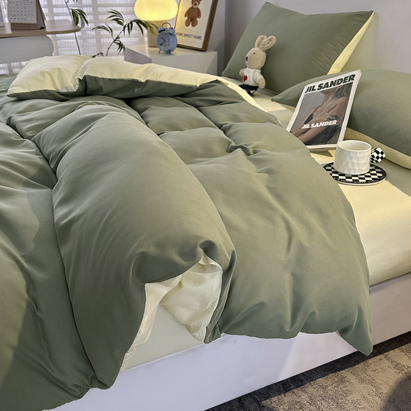 Kokvilnas četrdaļīgs gultas veļas komplekts studentu nometnei — reaktīvā drukāšana, pūstā audums, svars 2500–3000 g, vienkrāsains raksts