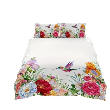 Segas gultas veļas komplekts ar ziedu un kolibri motīvu, nordiskais stils, digitālā druka, ķīmiskās šķiedras, trīs gabalu komplekts