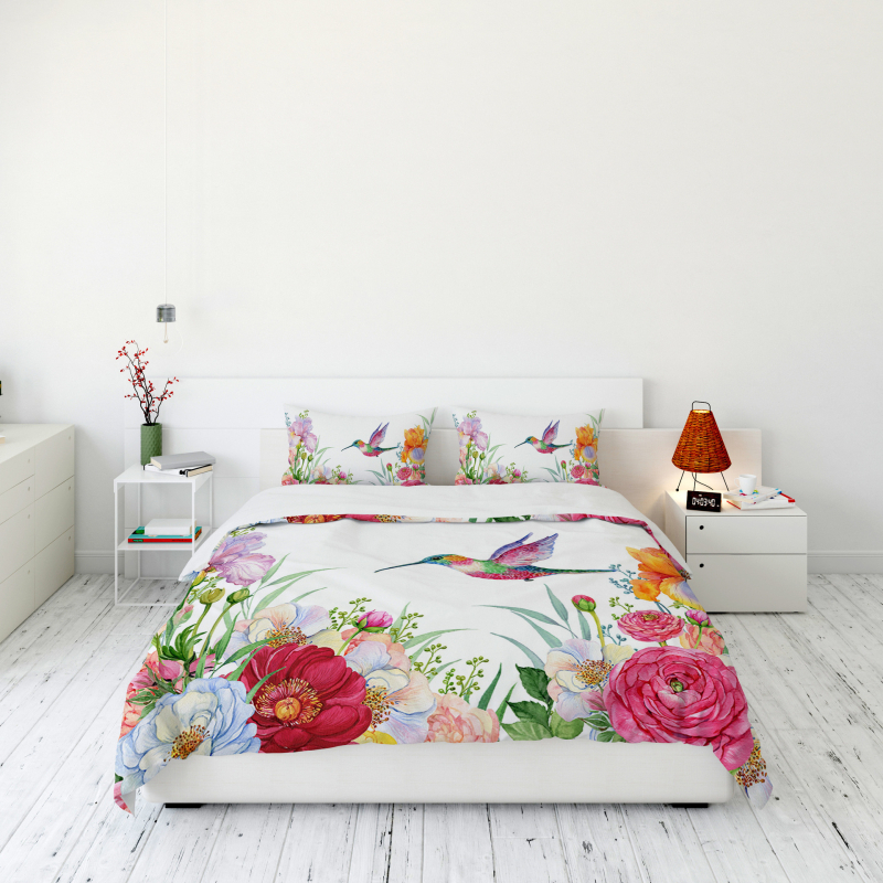 Segas gultas veļas komplekts ar ziedu un kolibri motīvu, nordiskais stils, digitālā druka, ķīmiskās šķiedras, trīs gabalu komplekts