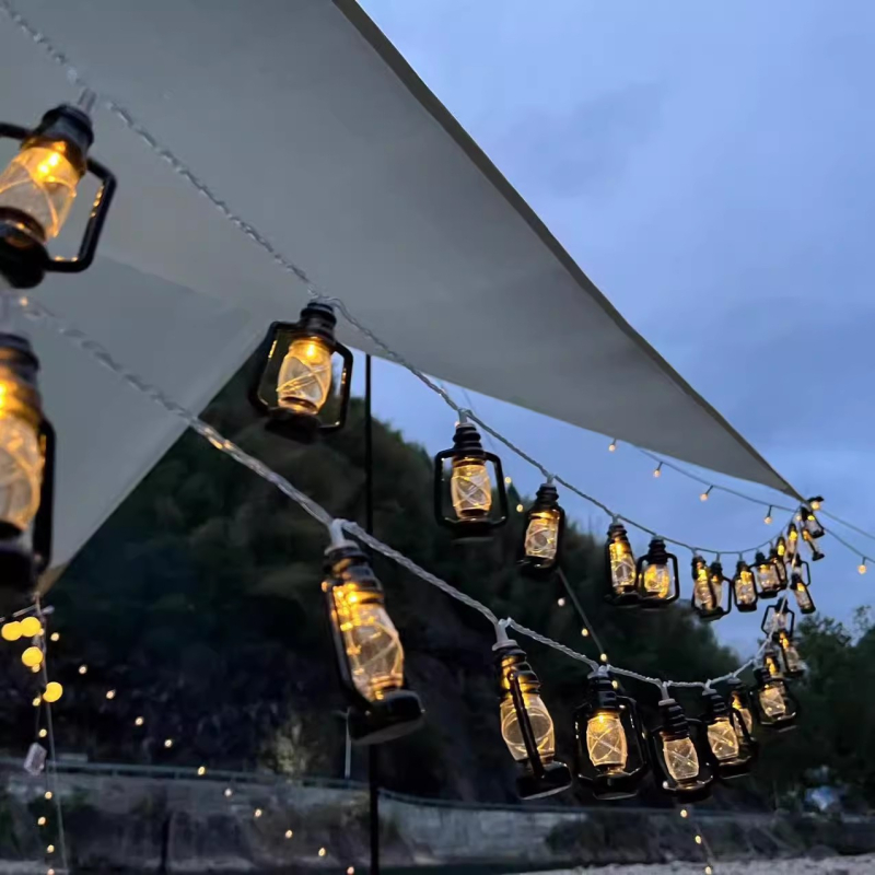 Vanjska kamping retro LED fenjer niz svjetla za ukrašavanje šatora, atmosfersko osvjetljenje, šarene svjetlosti, solarno napajanje