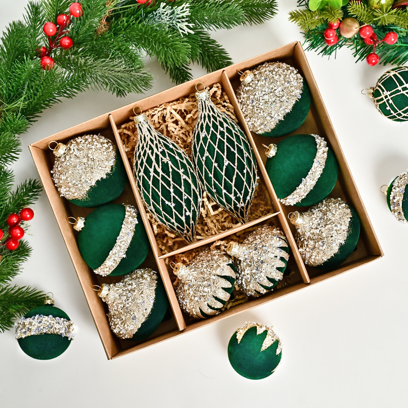 Shuhong πλαστική χριστουγεννιάτικη διακοσμητική μπάλα με διαμαντόκολλα, ελαφρύς πολυτελής στιλ, 10 τεμάχια, ημι-χειροποίητη και ημι-μηχανική κατασκευή