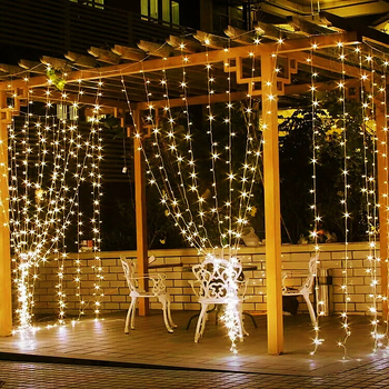 LED завесни светлини с водопаден ефект за външен двор и балкон – звездно небе оформление, мигащи светлини, DC захранване, IP65, управление с бутон