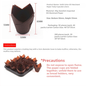 LIFETALK Tulip Formos kepimo popieriaus keksiukų taurės, riebalams atsparūs, aukštos temperatūros atsparūs, 40 g/m², 200 vnt