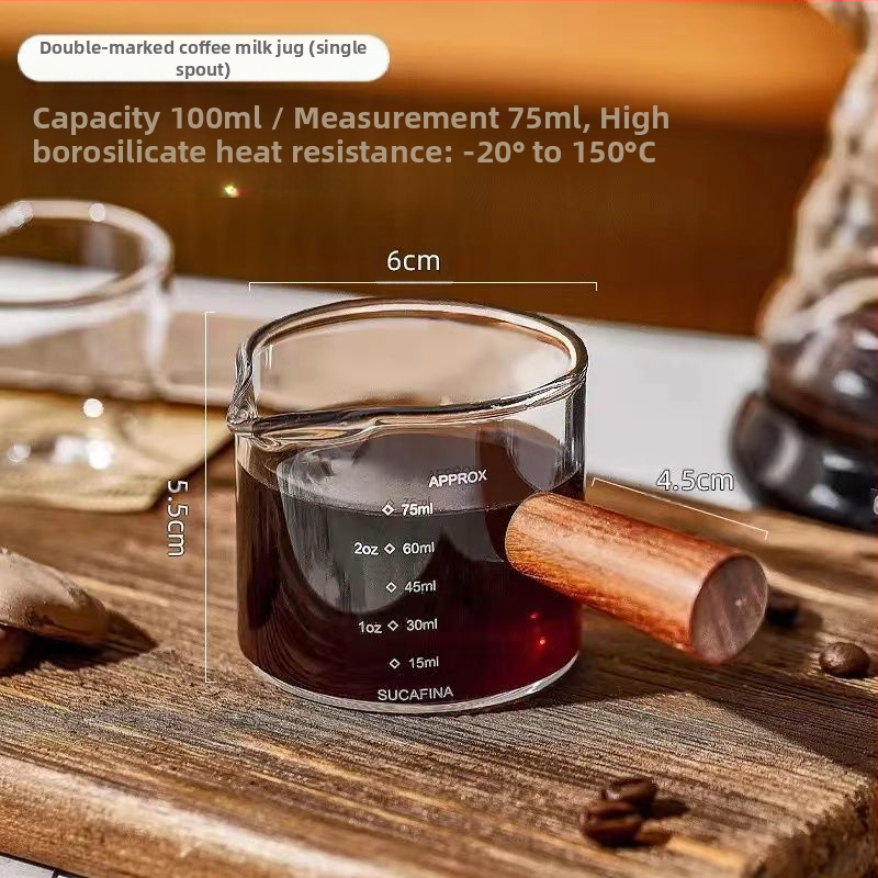 Stiklinė kavos taurelė su graduota espresso ekstrakcijos skale ir medine rankena, apsauga nuo nudegimų