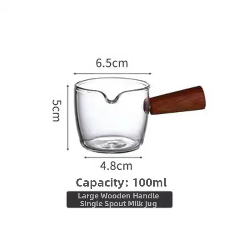 Stiklinė kavos taurelė su graduota espresso ekstrakcijos skale ir medine rankena, apsauga nuo nudegimų