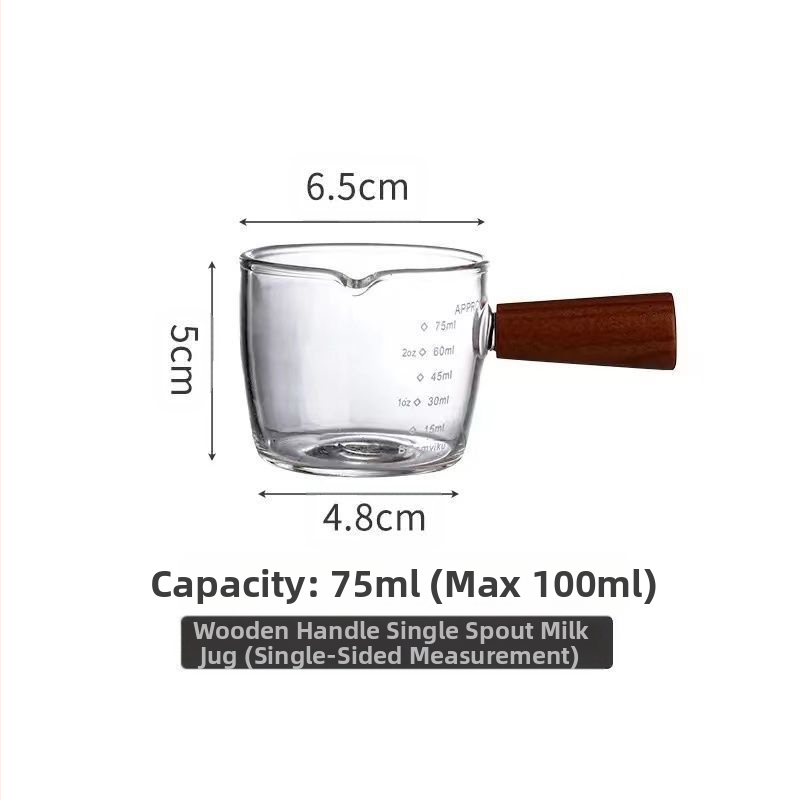 Stiklinė kavos taurelė su graduota espresso ekstrakcijos skale ir medine rankena, apsauga nuo nudegimų