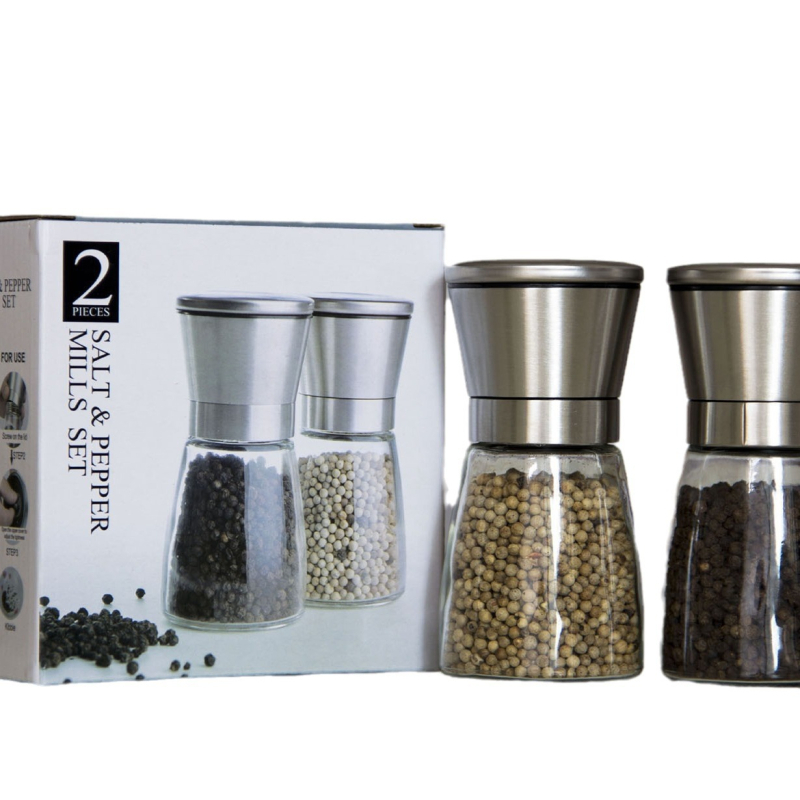 Stiklo korpuso pipirų malūnėlis, šiuolaikiško minimalistinio stiliaus; prieskonių tipas: kietosios prieskonės; spausdintas logotipas: OK; kokybė: pirmosios klasės gaminiai