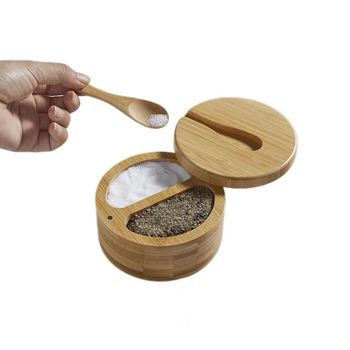 Bambuko prieskonių indelis su šaukšteliu ir druskos indeliu, virtuvės laikymo dėžė su pasukamu magnetiniu dangteliu, logotipo spausdinimas galima