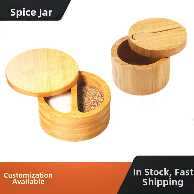 Bambuko prieskonių indelis su šaukšteliu ir druskos indeliu, virtuvės laikymo dėžė su pasukamu magnetiniu dangteliu, logotipo spausdinimas galima