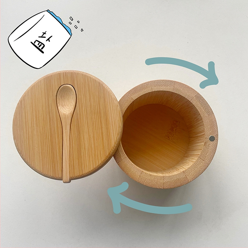 Буркан за подправки от бамбук с лъжичка и солник, кухненски органайзер за съхранение с въртящ се магнитен капак