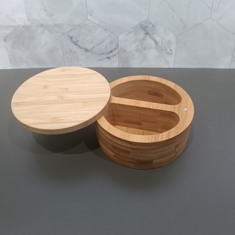 Bambuko prieskonių indelis su šaukšteliu ir druskos indeliu, virtuvės laikymo dėžė su pasukamu magnetiniu dangteliu, logotipo spausdinimas galima