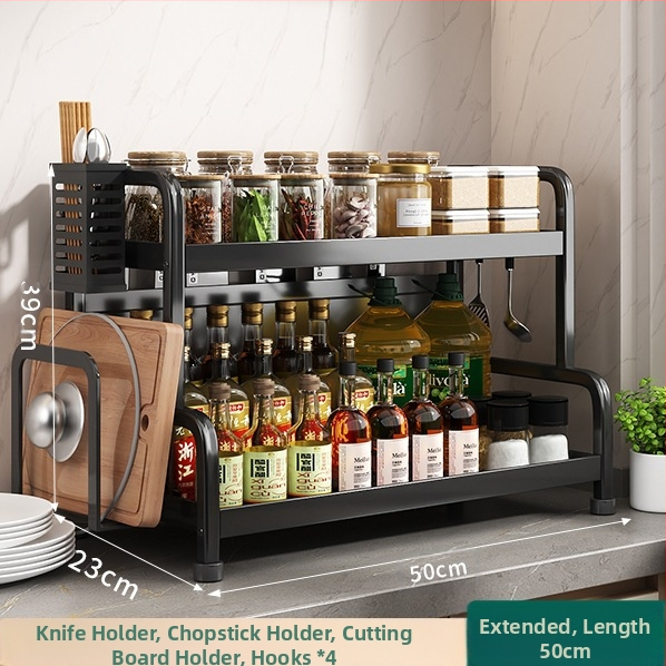 Ράφι μπαχαρικών με θήκη για ξυλάκια και μαχαίρια, για επιφάνεια εργασίας, από χάλυβα άνθρακα, πολυεπίπεδο, χωρίς διάτρηση, μοντέρνο μινιμαλιστικό στυλ