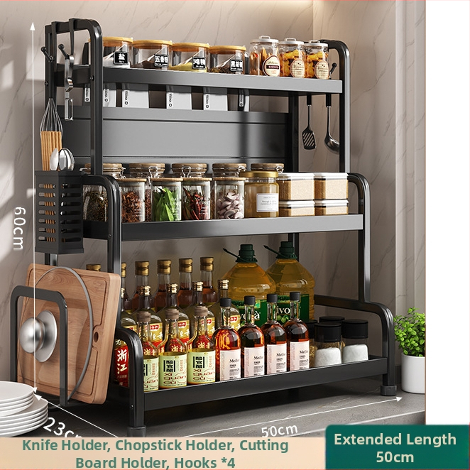 Ράφι μπαχαρικών με θήκη για ξυλάκια και μαχαίρια, για επιφάνεια εργασίας, από χάλυβα άνθρακα, πολυεπίπεδο, χωρίς διάτρηση, μοντέρνο μινιμαλιστικό στυλ