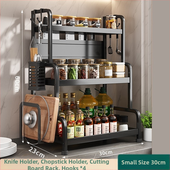 Ράφι μπαχαρικών με θήκη για ξυλάκια και μαχαίρια, για επιφάνεια εργασίας, από χάλυβα άνθρακα, πολυεπίπεδο, χωρίς διάτρηση, μοντέρνο μινιμαλιστικό στυλ