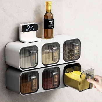 Prieskonių dėžutė su sieniniu tvirtinimu ir stalčiuko dizainu, iš plastiko, tinkama kietiems prieskonims, virtuvės saugojimo organizatorius