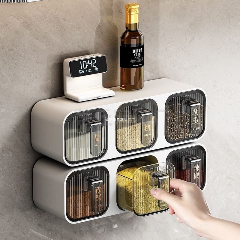 Prieskonių dėžutė su sieniniu tvirtinimu ir stalčiuko dizainu, iš plastiko, tinkama kietiems prieskonims, virtuvės saugojimo organizatorius