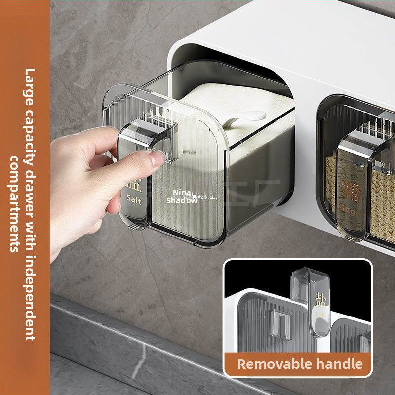 Box na koreniny na stenu s dizajnom zásuvky, plastový, pre pevné koreniny, kuchynský organizér