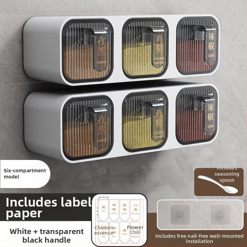 Prieskonių dėžutė su sieniniu tvirtinimu ir stalčiuko dizainu, iš plastiko, tinkama kietiems prieskonims, virtuvės saugojimo organizatorius