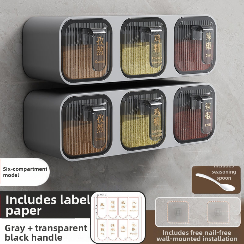 Prieskonių dėžutė su sieniniu tvirtinimu ir stalčiuko dizainu, iš plastiko, tinkama kietiems prieskonims, virtuvės saugojimo organizatorius