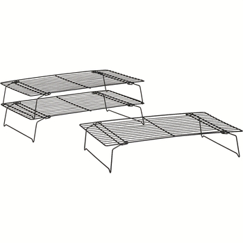 Trys lygių sulankstomas kepimo laikiklis tortams ir duonai aušinti; nelipnios grotelės