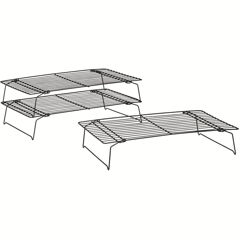 Trys lygių sulankstomas kepimo laikiklis tortams ir duonai aušinti; nelipnios grotelės