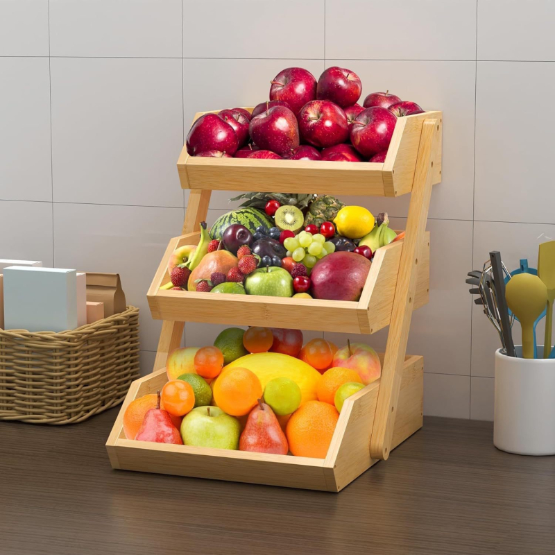 Многослойна дървена кошница за кухнята – многофункционален органайзер за плодове и зеленчуци