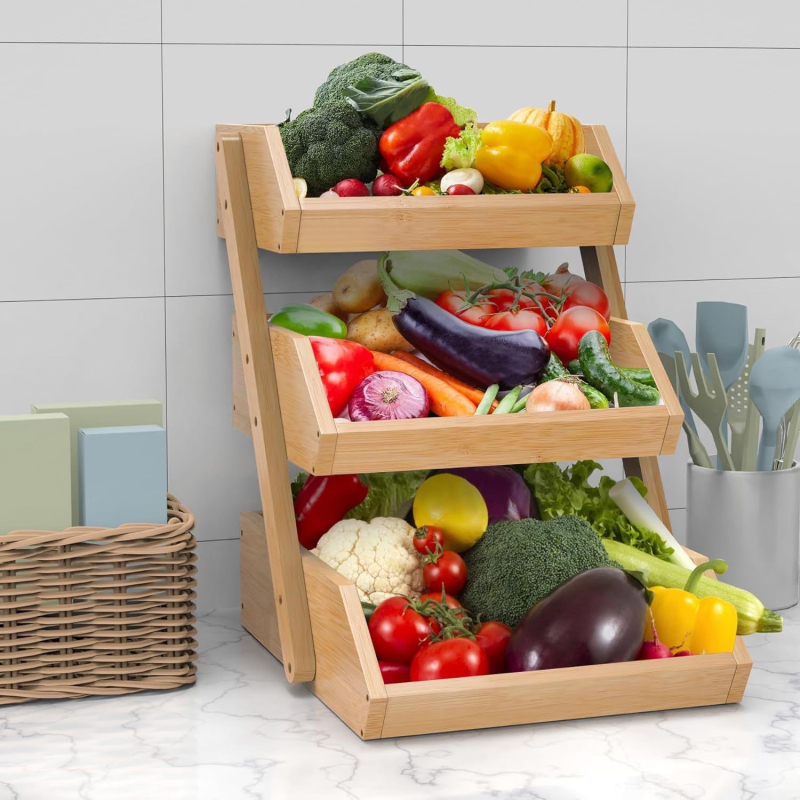 Многослойна дървена кошница за кухнята – многофункционален органайзер за плодове и зеленчуци
