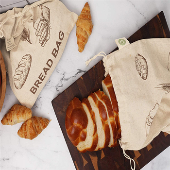 Хлебна торбичка от памук и лен, многоразова с TPU вътрешна мембрана, връзка за затваряне, дъно и страни, ситопечат на лого.