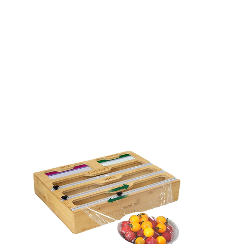 Medinė stalčinė laikymo dėžutė virtuvinei plėvelei pjauti – daugiafunkcinė, šiuolaikiško minimalistinio stiliaus, supakuota dėžutėje