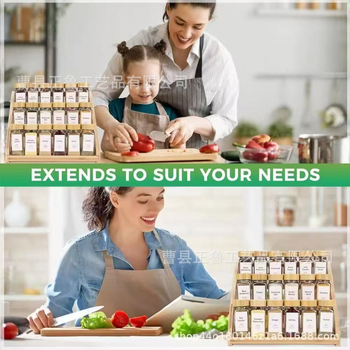 Ράφι μπαχαρικών από μπαμπού και ξύλο, επιτραπέζιος οργανωτής με γυάλινα βάζα, μονό επίπεδο, πολυχρηστικός