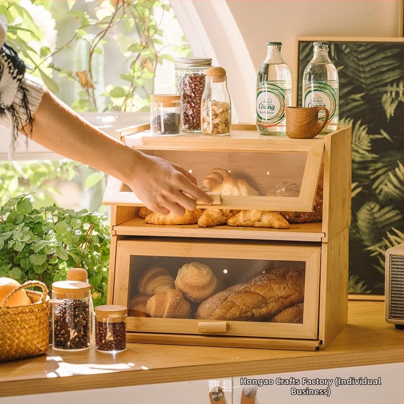 Medinė duonos dėžutė su kūrybiniu dizainu, dulkių atspari laikymo dėžė, Hong Ao prekės ženklas, logotipo spauda ir pritaikymas galimi