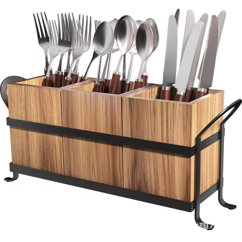 Fából készült háromrekeszes asztali rendszerező edényekhez и sminkecsetekhez, összecsukható, egyszerű modern dizájn