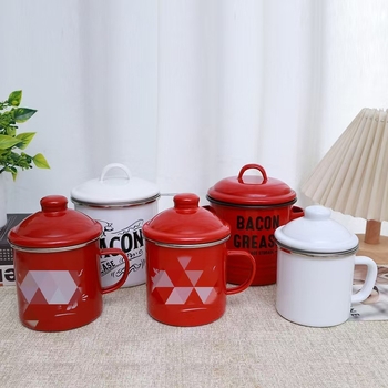 Emalinis taukų indas su dangteliu, dviejų ausų, retro stilius