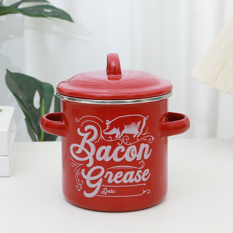 Emalinis taukų indas su dangteliu, dviejų ausų, retro stilius