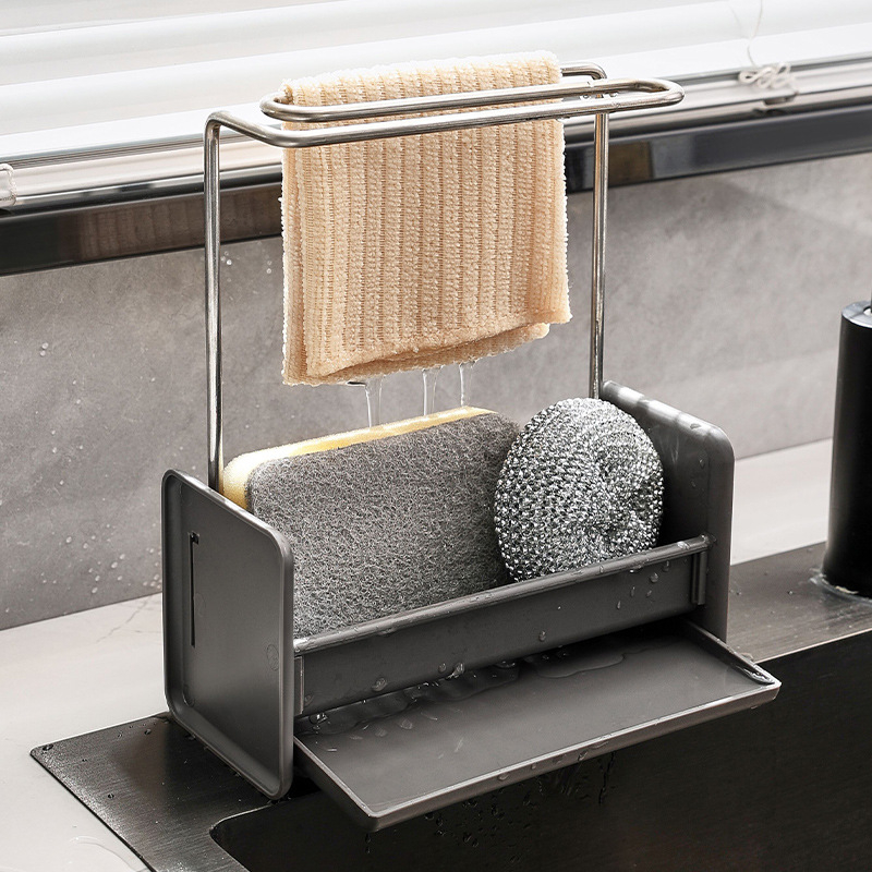 Raft de bucătărie din oțel inoxidabil pentru bureți și cârpe — fără găuri de montaj, montaj pe masă sau pe perete, multifuncțional, 1 nivel