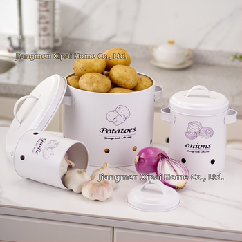 Apvalus galvanizuoto plieno sandėliavimo indas bulvėms, svogūnams ir česnakams su kvėpuojančiomis angomis — daugiafunkcinė metalo sandėliavimo komplektas, talpa virš 5 L, su spausdintu logotipu